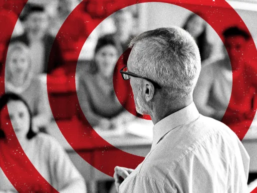 Scholars Under Fire 2025 report cover showing a teacher and student in black and white with a red bullseye target over the teacher